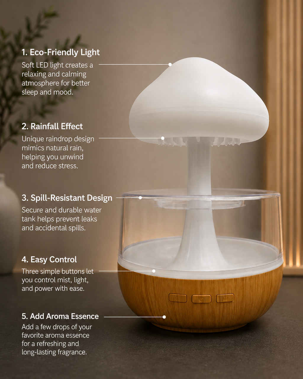 CloudAroma: 3-in-1 Rainfall Aroma Humidifier with 7-Color Ambient Light