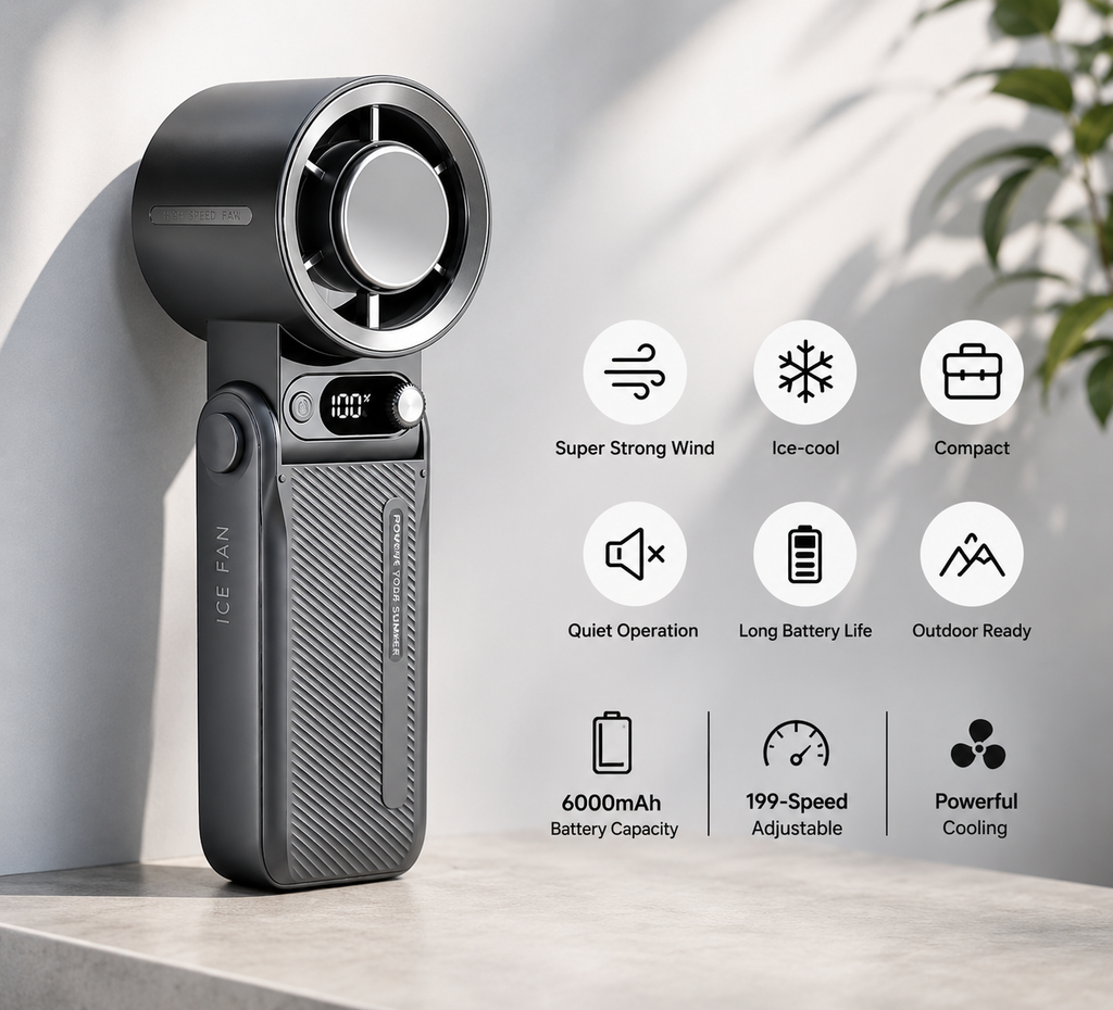 Portable Handheld Turbo Cooling Fan – 6000mAh Rechargeable Mini Fan with Digital Display & 199 Speed Levels