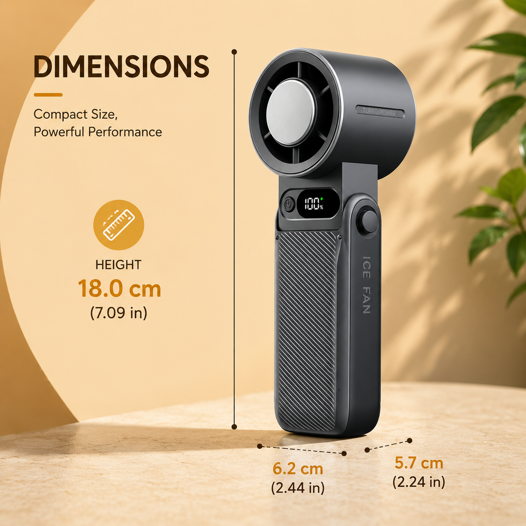 Portable Handheld Turbo Cooling Fan – 6000mAh Rechargeable Mini Fan with Digital Display & 199 Speed Levels