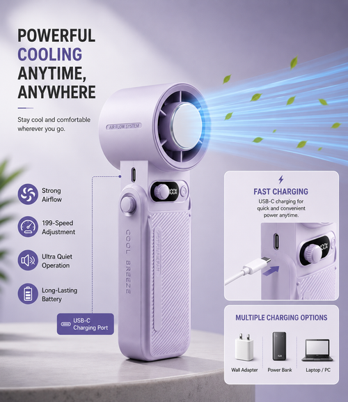Portable Handheld Turbo Cooling Fan – 6000mAh Rechargeable Mini Fan with Digital Display & 199 Speed Levels