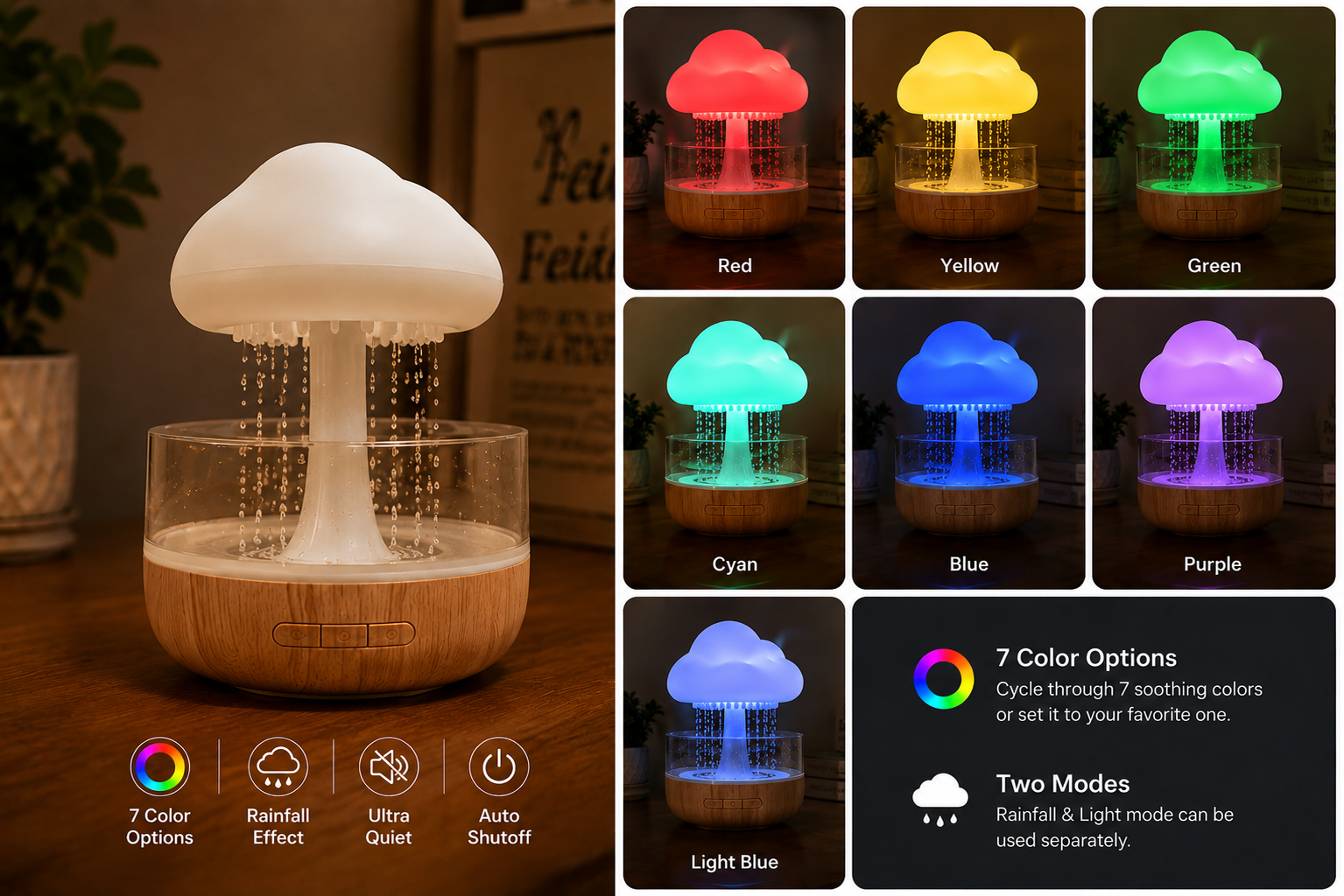 CloudAroma: 3-in-1 Rainfall Aroma Humidifier with 7-Color Ambient Light